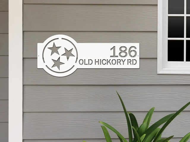 White Tennessee Tristar Address Sign featuring a Tristar emblem on the right and house number '186 Old Hickory Rd' on the left, mounted on the wall.
