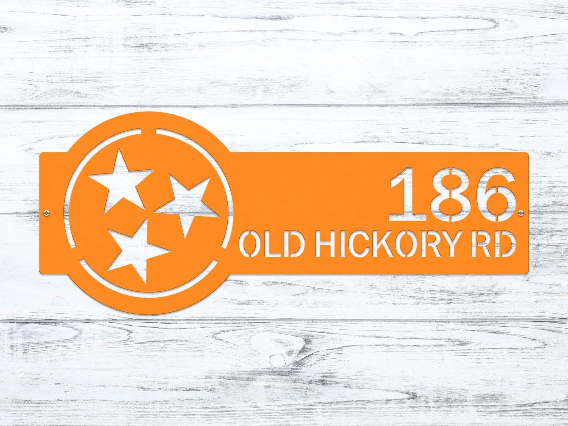 Tennessee orange Tennessee Tristar Address Sign featuring a Tristar emblem on the right and house number '186 Old Hickory Rd' on the left.