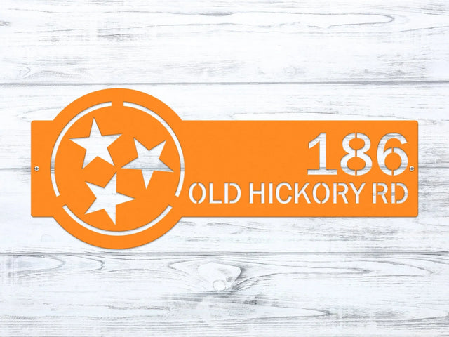 Tennessee orange Tennessee Tristar Address Sign featuring a Tristar emblem on the right and house number '186 Old Hickory Rd' on the left.