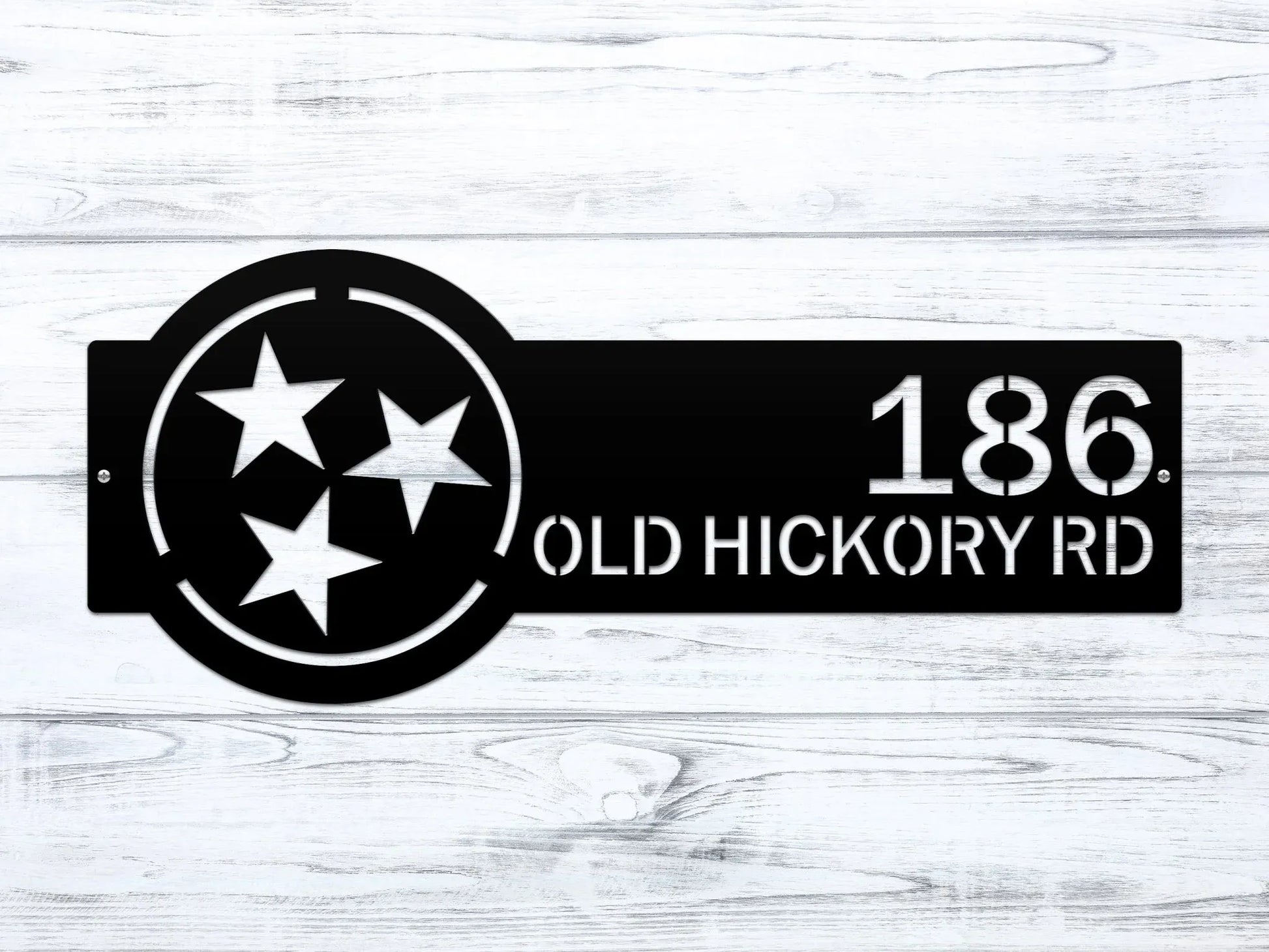 Black Tennessee Tristar Address Sign featuring a Tristar emblem on the right and house number '186 Old Hickory Rd' on the left.