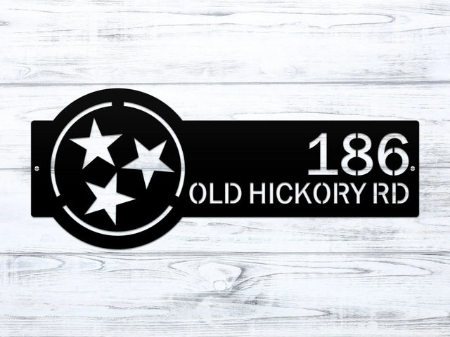Black Tennessee Tristar Address Sign featuring a Tristar emblem on the right and house number '186 Old Hickory Rd' on the left.