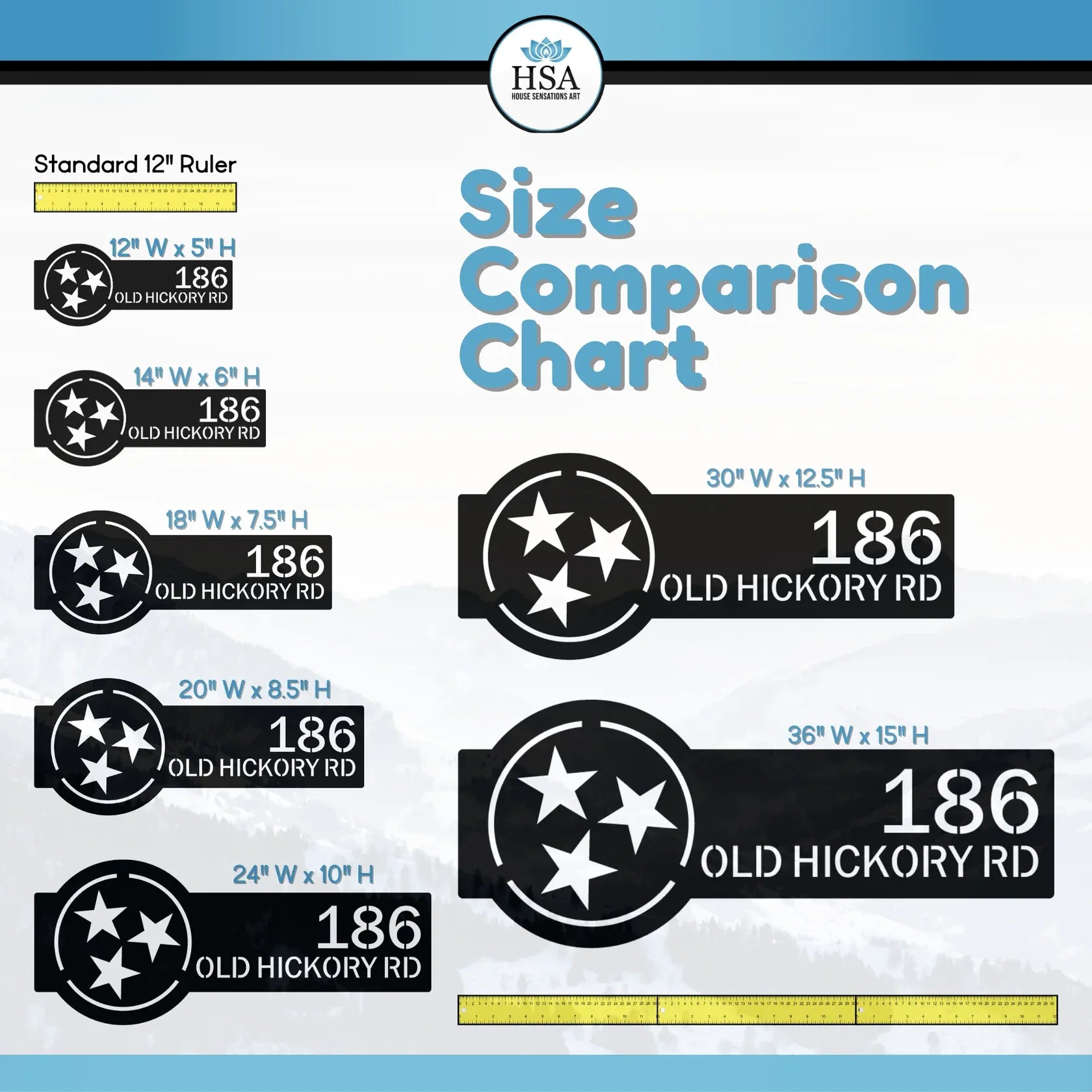 Size Comparison Chart showing address sign "186 Old Hickory Rd" in multiple dimensions next to a standard 12" ruler.