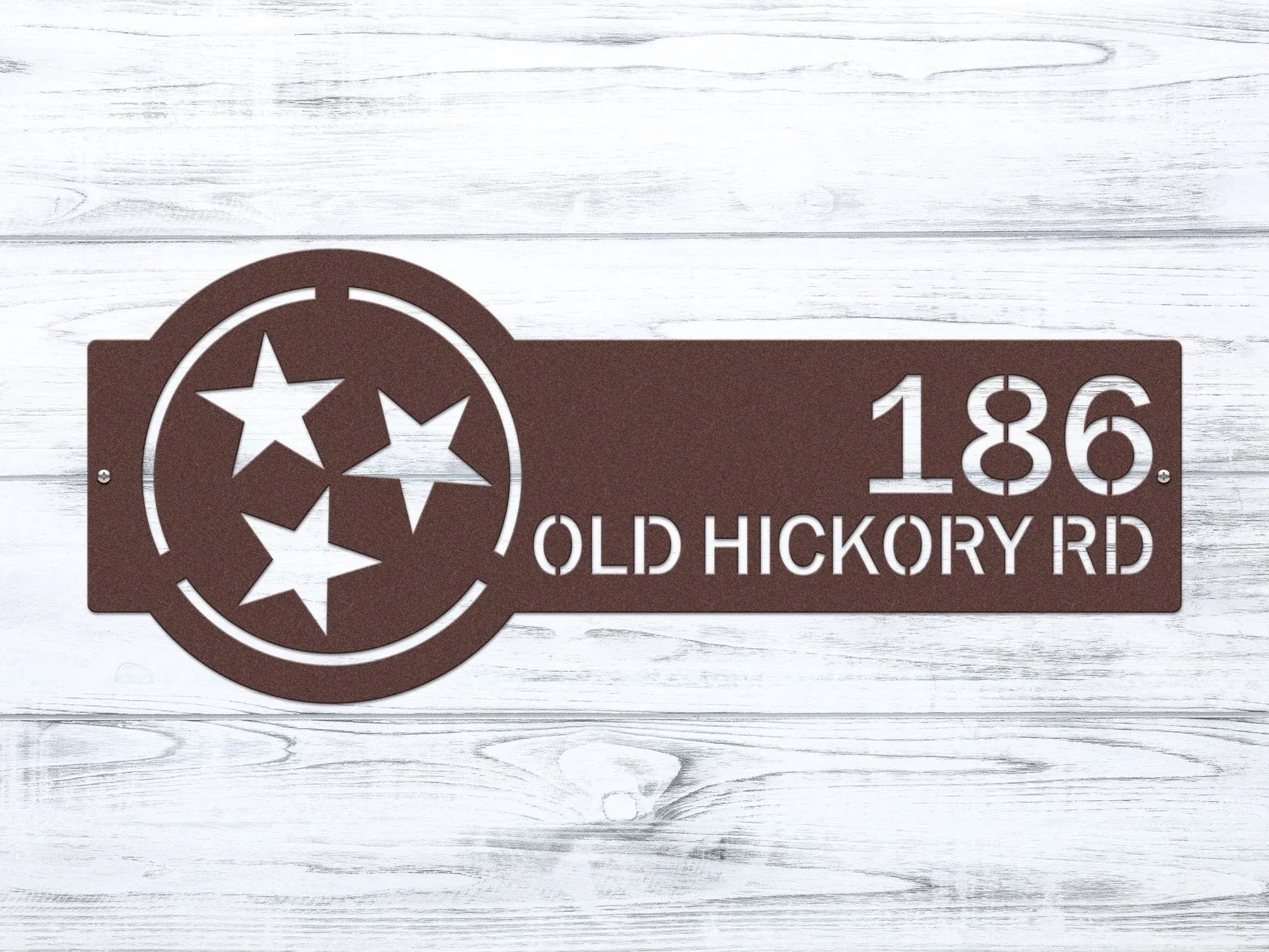 Oil rubbed bronze Tennessee Tristar Address Sign featuring a Tristar emblem on the right and house number '186 Old Hickory Rd' on the left.
