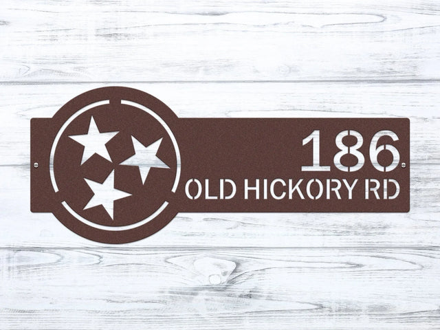 Oil rubbed bronze Tennessee Tristar Address Sign featuring a Tristar emblem on the right and house number '186 Old Hickory Rd' on the left.