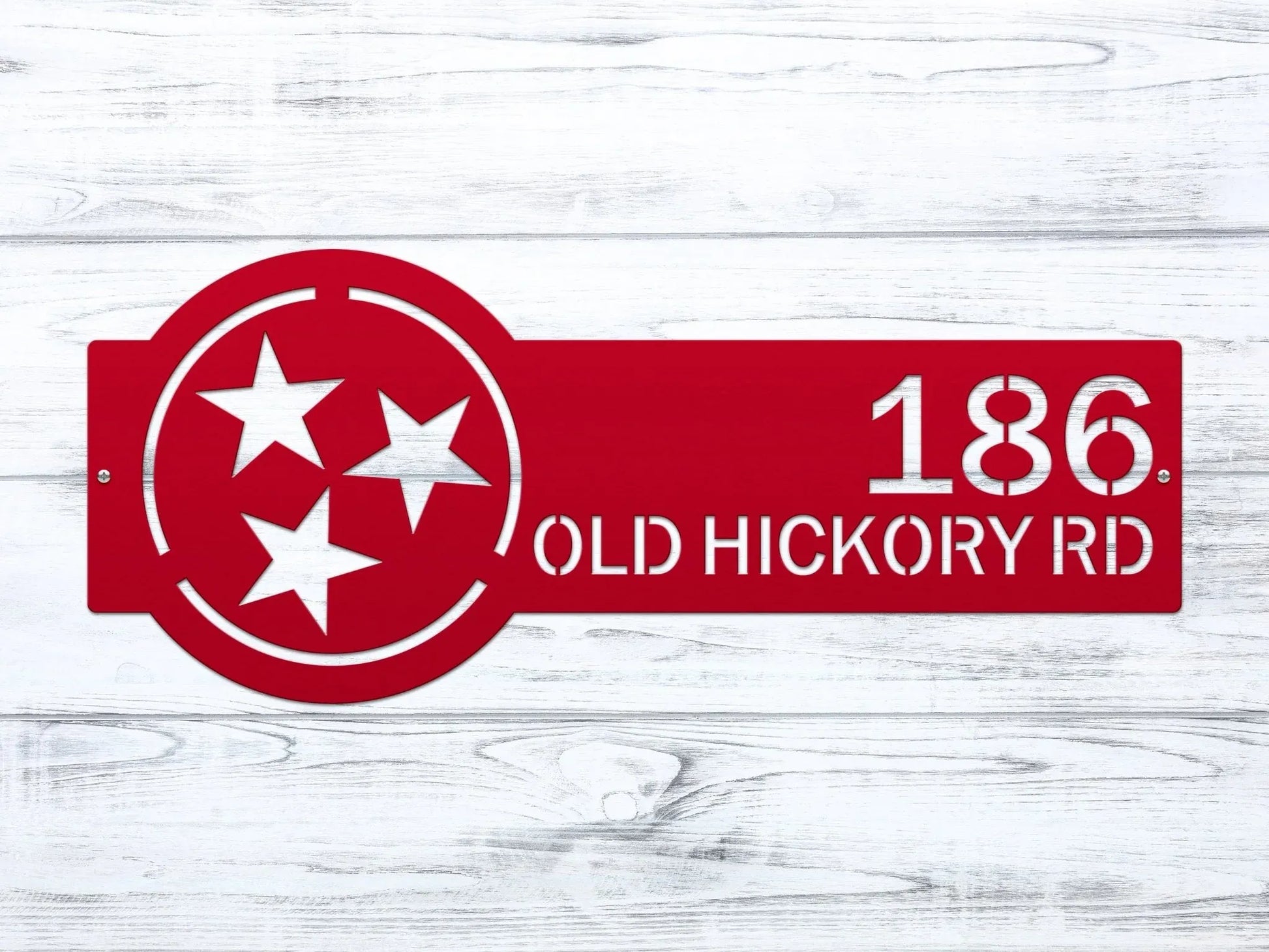 Deep Red Tennessee Tristar Address Sign featuring a Tristar emblem on the right and house number '186 Old Hickory Rd' on the left.