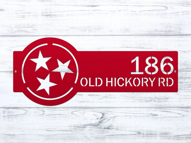Deep Red Tennessee Tristar Address Sign featuring a Tristar emblem on the right and house number '186 Old Hickory Rd' on the left.