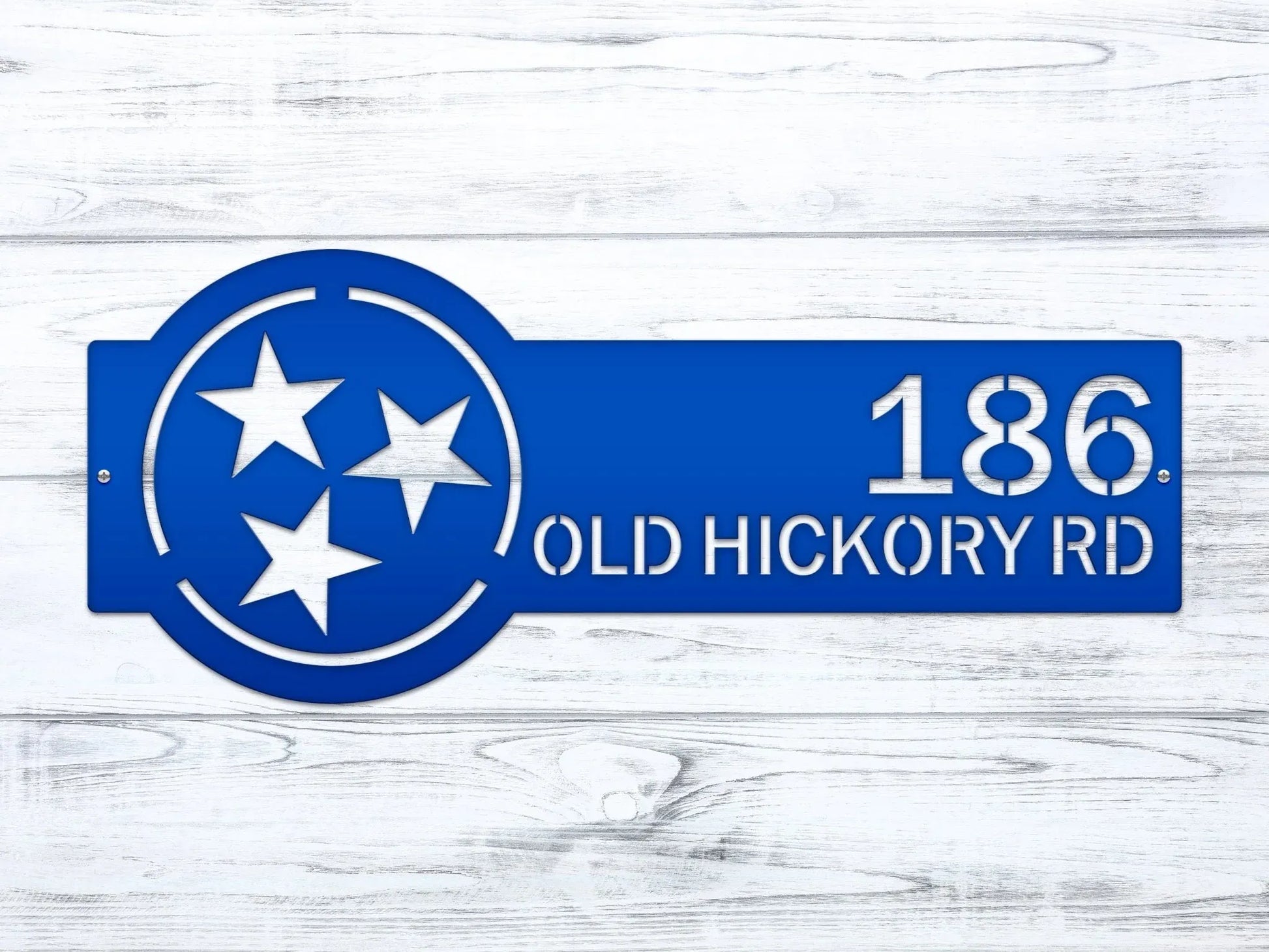Candy cobalt blue Tennessee Tristar Address Sign featuring a Tristar emblem on the right and house number '186 Old Hickory Rd' on the left.
