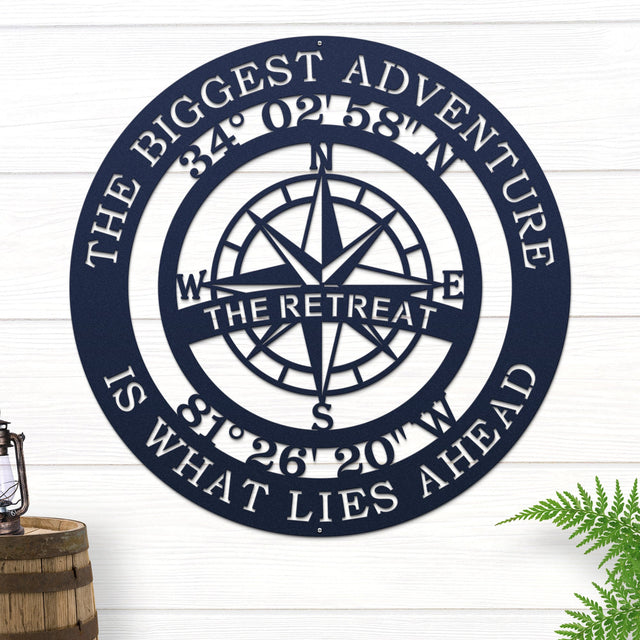 Personalized Adventure Compass Sign – Custom Metal Wall Art with GPS Coordinates Compass Sign House Sensations Art