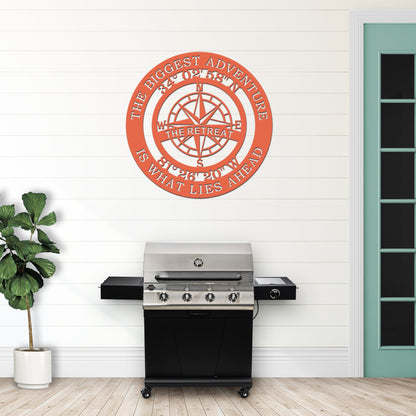 The Biggest Adventure Compass With Personalized GPS Coordinates - Personalized Nautical Wall Art, Family Name & Date - Indoor Outdoor Metal Decor, Housewarming or Wedding Gift for Couples - HouseSensationsArt