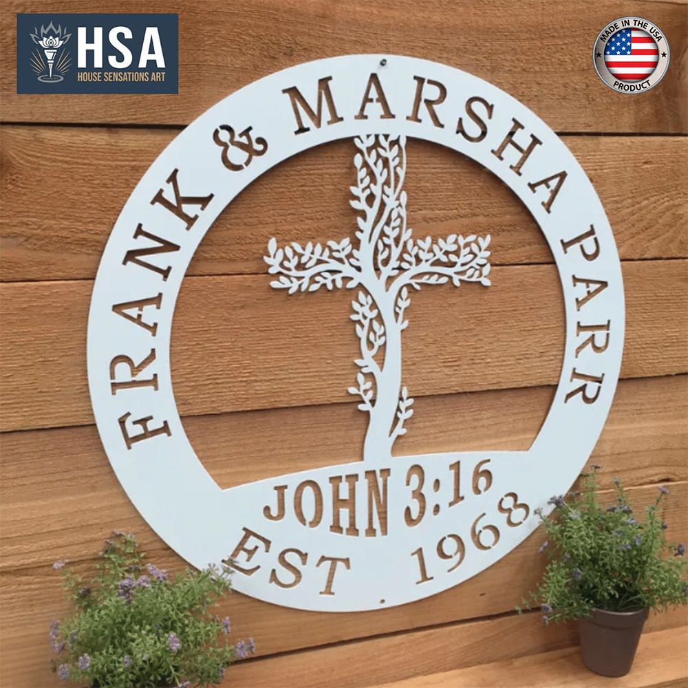 Tree of Life Cross Family Name Signs – Personalized Metal Wall Art - HouseSensationsArt