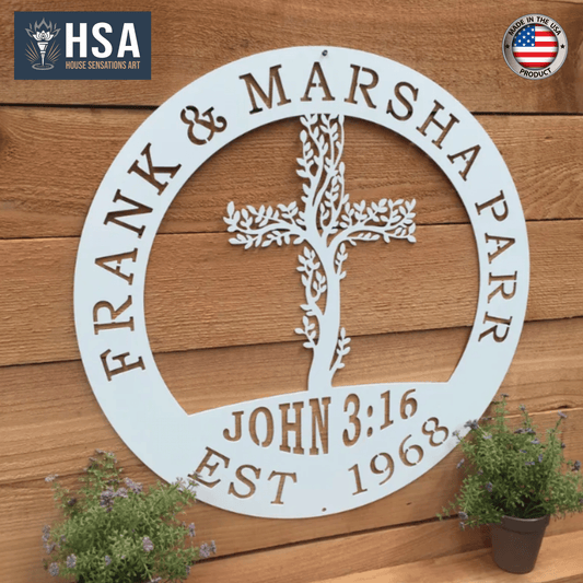 Tree of Life Cross Family Name Signs – Personalized Metal Wall Art - HouseSensationsArt