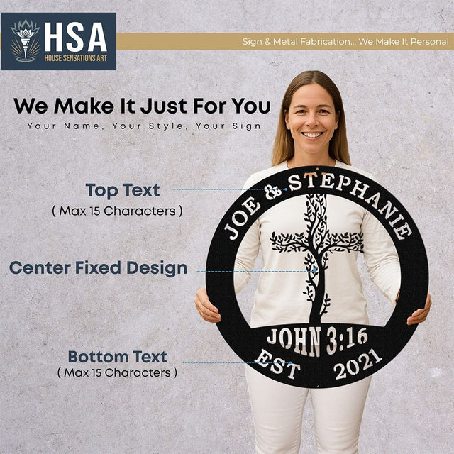 Tree of Life Cross Family Name Signs – Personalized Metal Wall Art - HouseSensationsArt