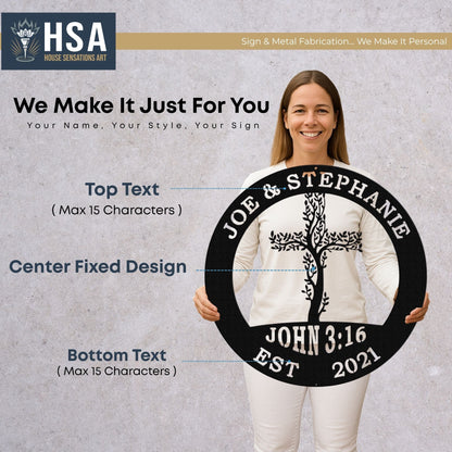 Tree of Life Cross Family Name Signs – Personalized Metal Wall Art - HouseSensationsArt