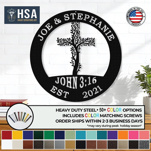 Tree of Life Cross Family Name Signs – Personalized Metal Wall Art - HouseSensationsArt