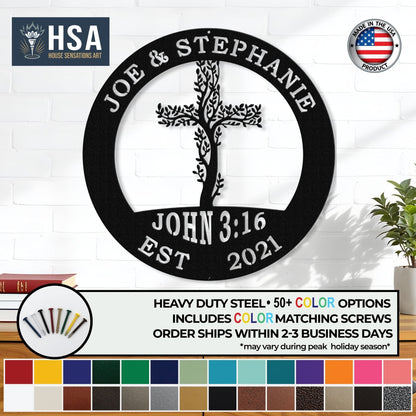 Tree of Life Cross Family Name Signs – Personalized Metal Wall Art - HouseSensationsArt