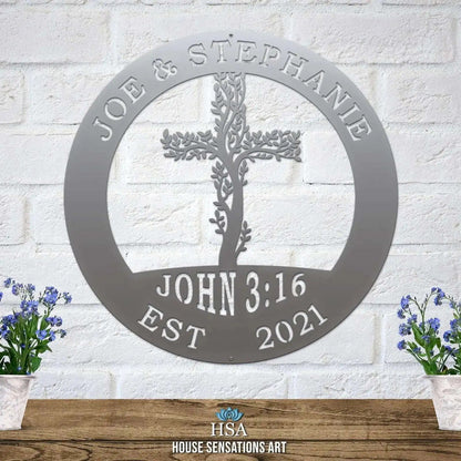Tree of Life Cross Family Name Signs – Personalized Metal Wall Art - HouseSensationsArt