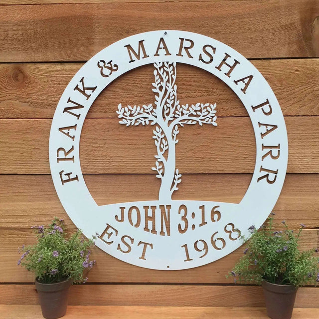 Tree of Life Cross Family Name Signs – Personalized Metal Wall Art - HouseSensationsArt