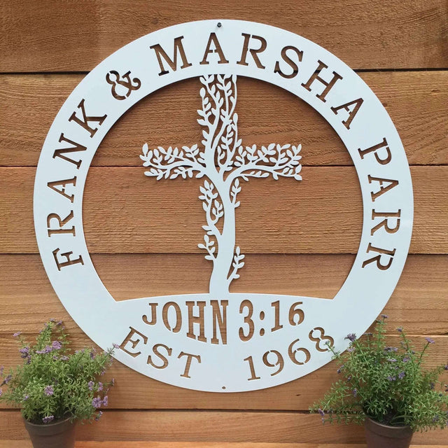 Tree of Life Cross Family Name Signs – Personalized Metal Wall Art - HouseSensationsArt
