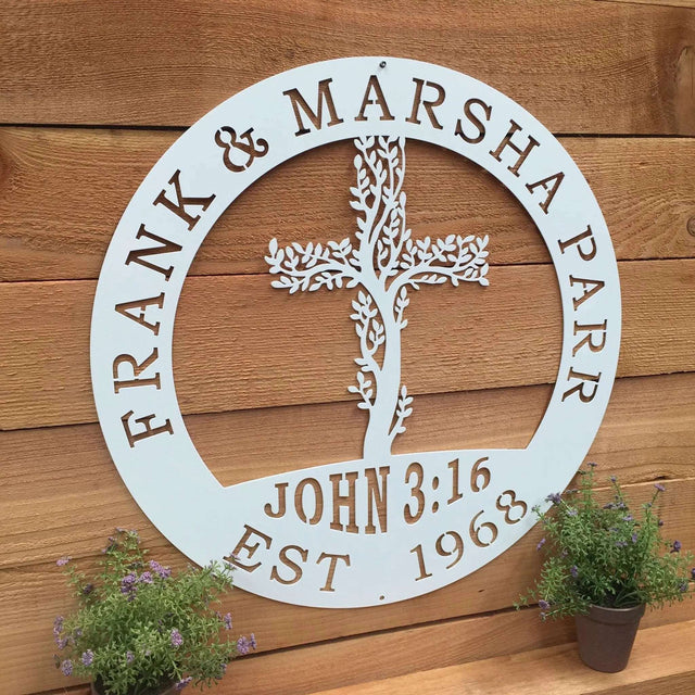 Tree of Life Cross Family Name Signs – Personalized Metal Wall Art - HouseSensationsArt