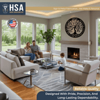Living room scene with family, fireplace, and large windows, showcasing Tree of Life metal wall décor with inspirational design and HSA House Sensations Art branding, ideal for indoor home décor and custom inspirational wall hangings.