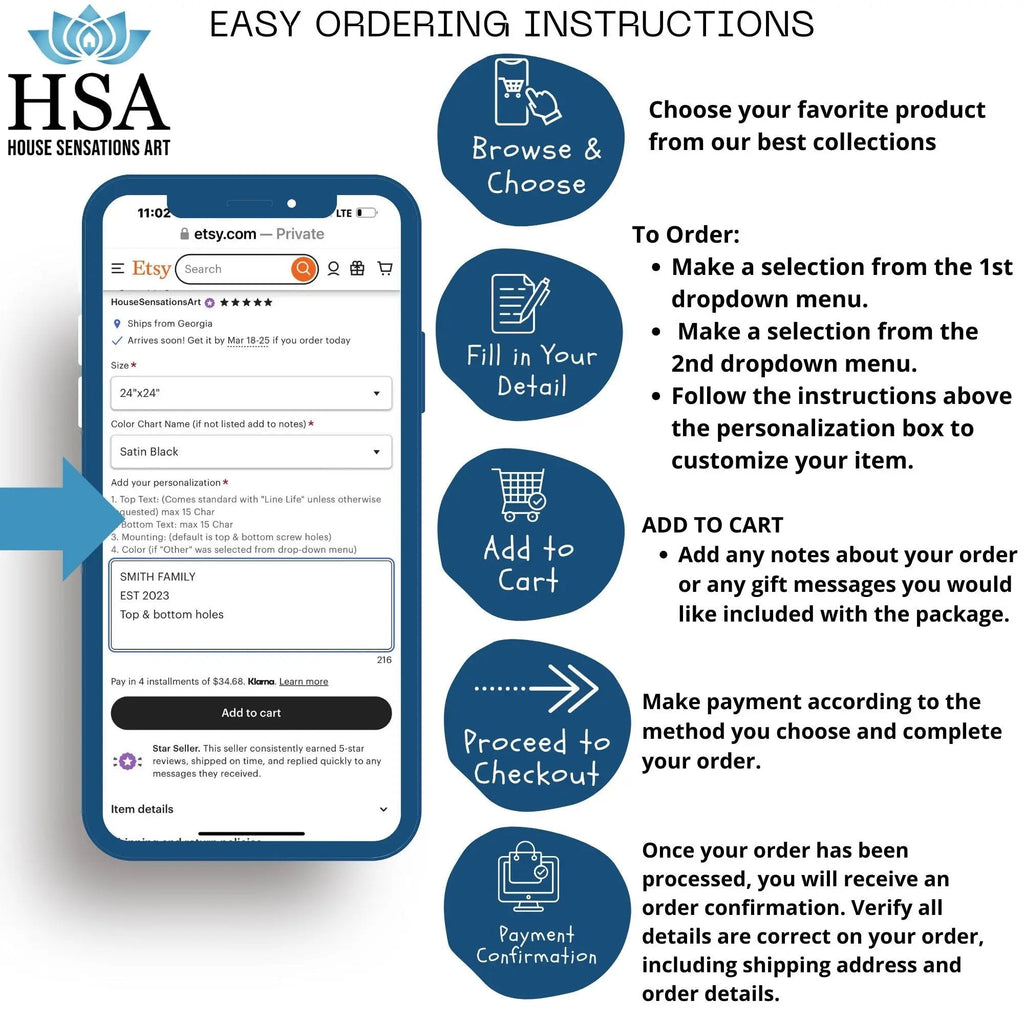 Step-by-step ordering guide for HSA House Sensations Art on Etsy, shown on smartphone screen, highlighting custom metal sign selection and easy purchase process