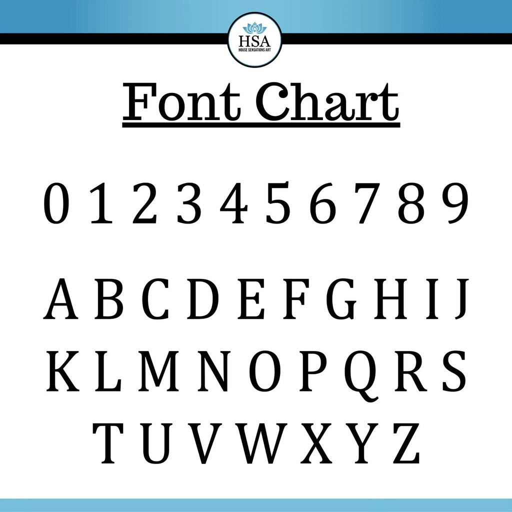 Font chart displaying letters and numbers on white background, showcasing custom metal sign typography and house number styles
