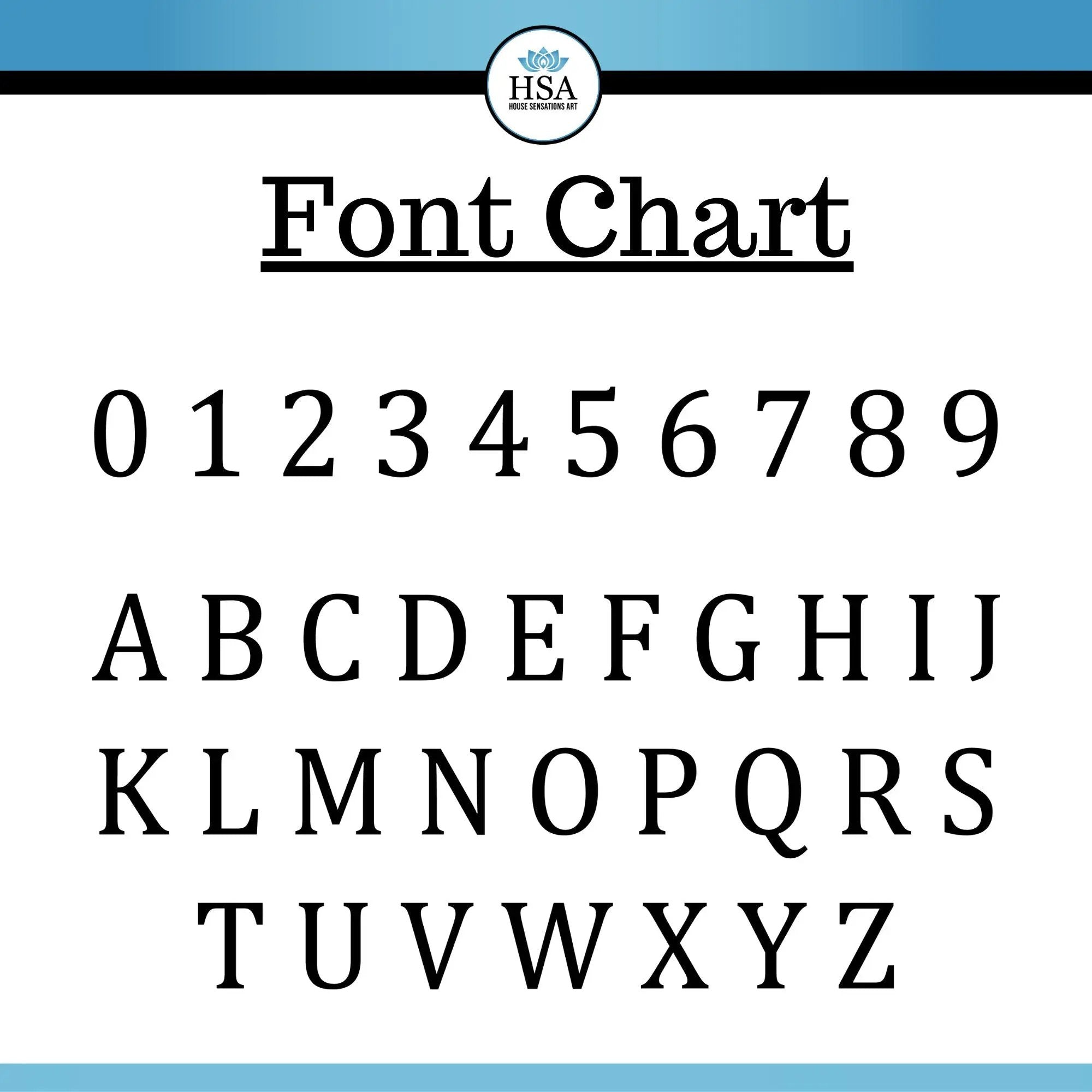 Font chart displaying letters and numbers on white background, showcasing custom metal sign typography and house number styles