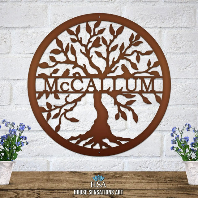 Tree of life personalized wall plaque – metal home decor with last name and roots design, great for family heritage display