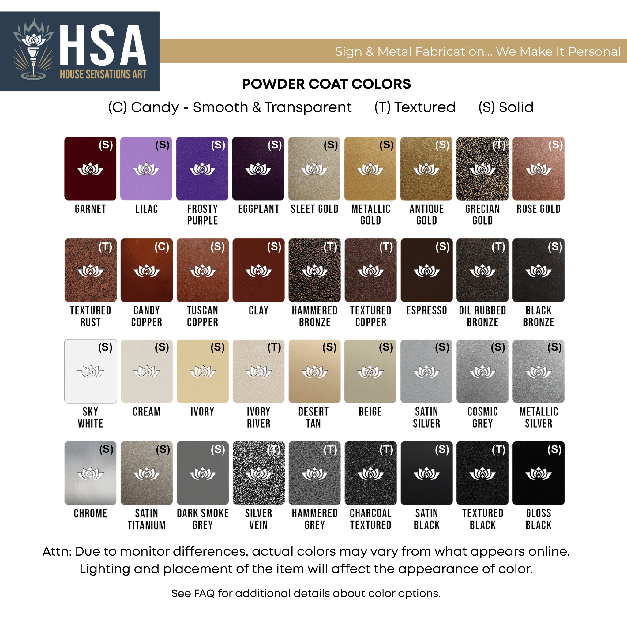 Powder coat finish color chart displaying various color swatches with text labels, including Garnet, Lilac, Ivory, Cosmic Grey, Black Bronze, and more, showcasing a wide range of vibrant, matte, glossy, and metallic finish options for metal signs and decorative products.
