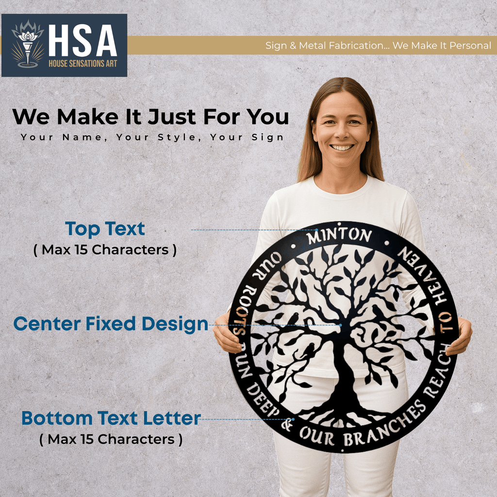 Woman holding a metal art piece featuring custom text and design, branded with “HSA,” showcasing detailed craftsmanship and durable decorative metalwork.