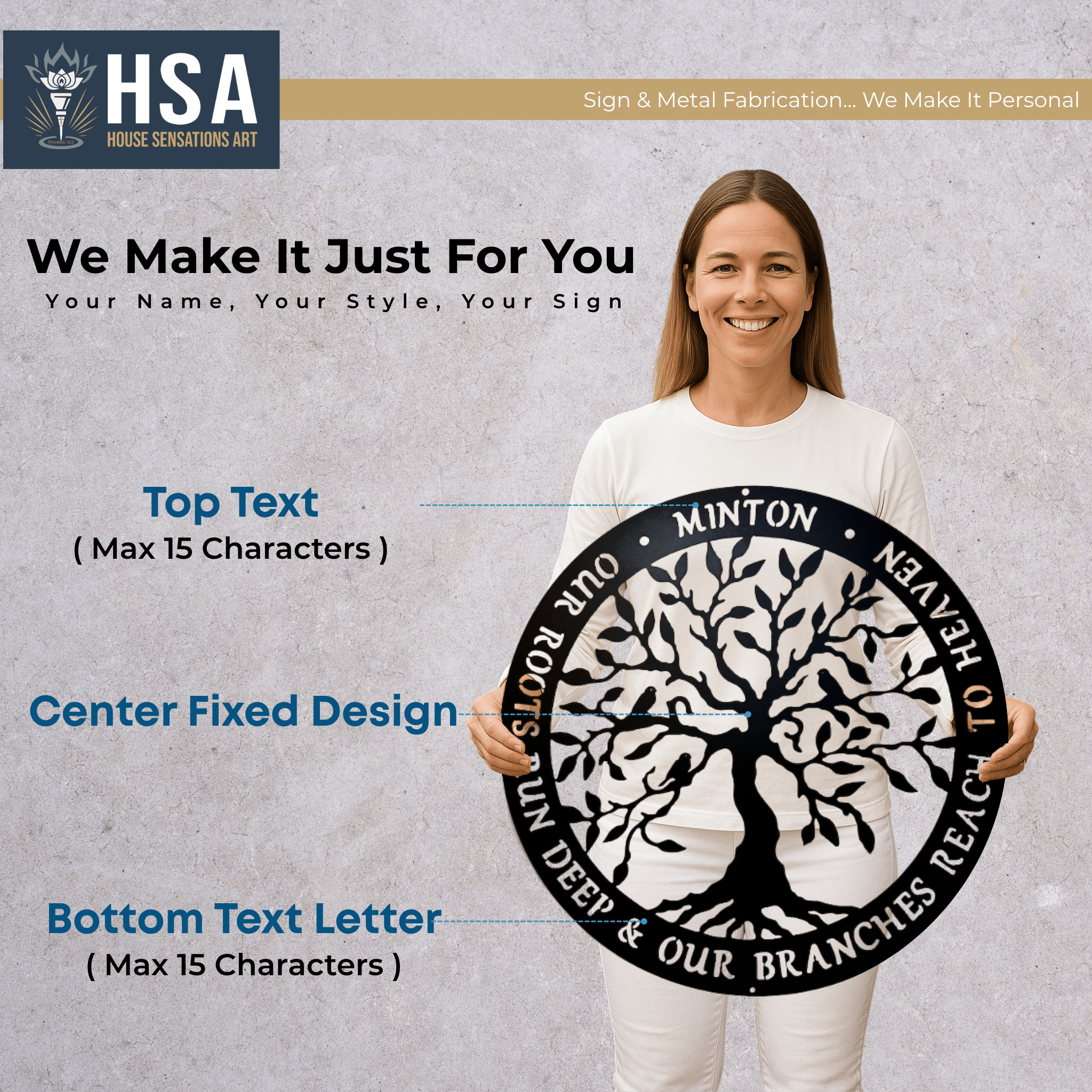 Woman holding a metal art piece featuring custom text and design, branded with “HSA,” showcasing detailed craftsmanship and durable decorative metalwork.