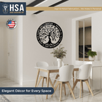Dining room featuring a decorative wall piece with a tree design, “HSA” logo, and accompanying text, adding a rustic and stylish focal point to the space.