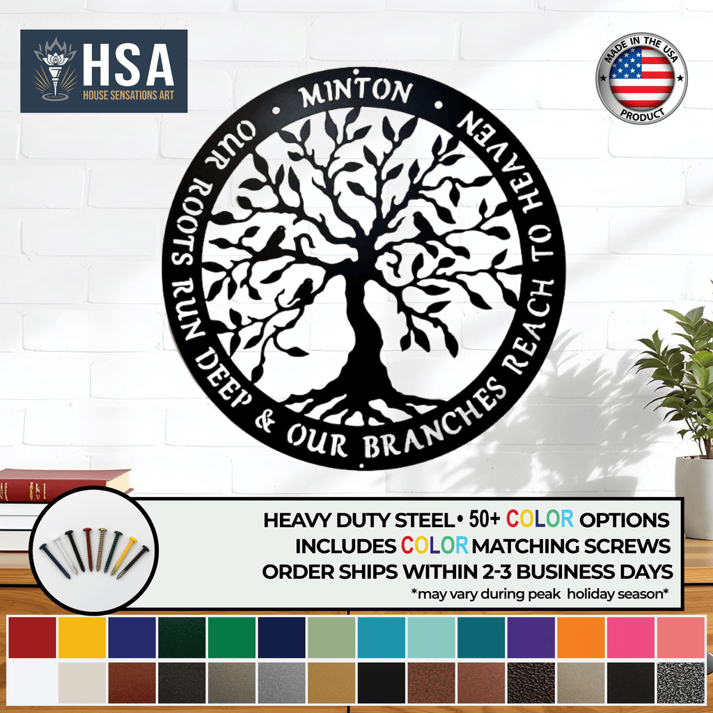 Decorative metal wall art featuring a tree design and custom text, with “HSA” branding, showcasing rustic style, detailed craftsmanship, and durable metal construction.