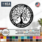 Decorative metal wall art featuring a tree design and custom text, with “HSA” branding, showcasing rustic style, detailed craftsmanship, and durable metal construction.