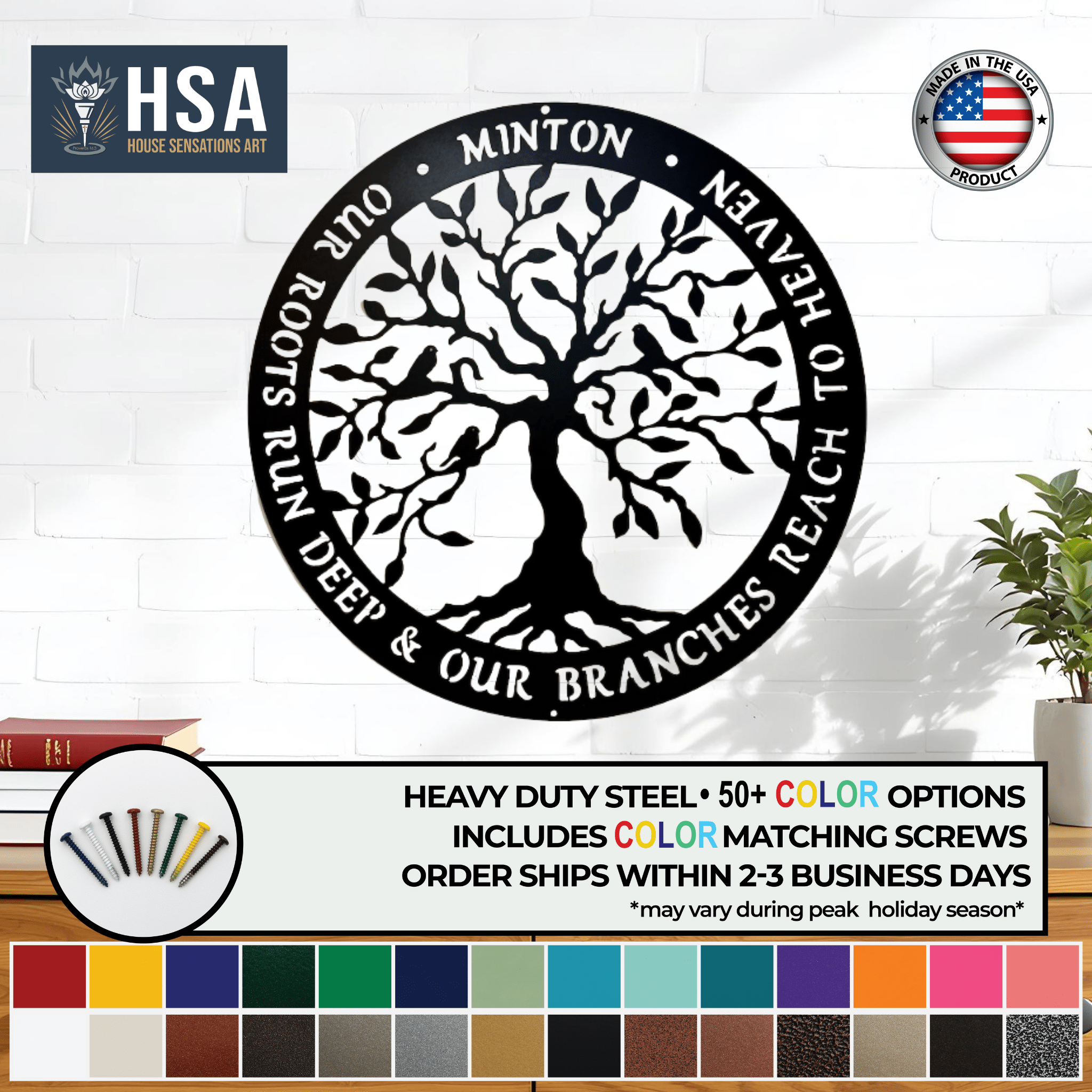 Decorative metal wall art featuring a tree design and custom text, with “HSA” branding, showcasing rustic style, detailed craftsmanship, and durable metal construction.