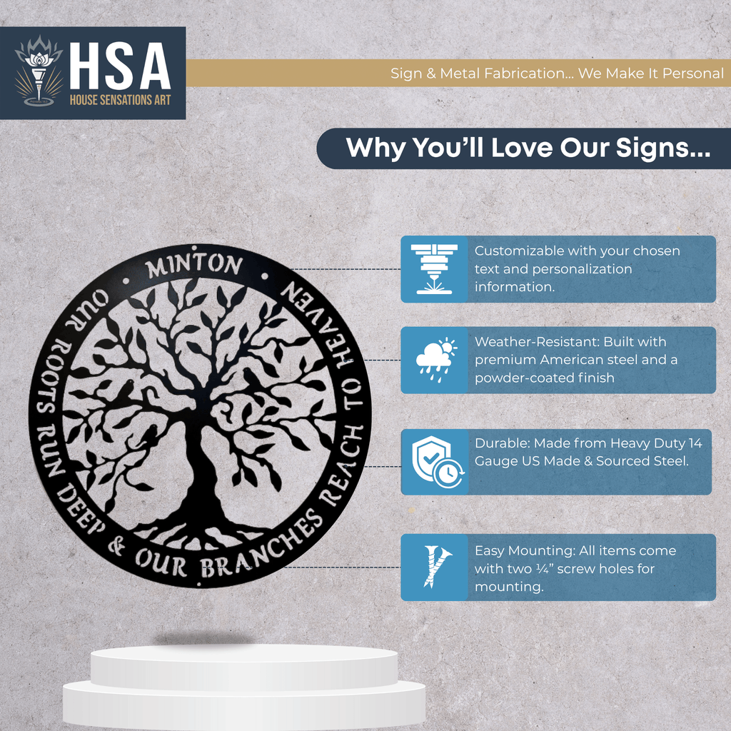 Metal tree sign with customizable text displayed on a gray background, featuring “House Sensations Art” branding, highlighting durable craftsmanship and personalized decorative design.