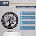 Metal tree sign with customizable text displayed on a gray background, featuring “House Sensations Art” branding, highlighting durable craftsmanship and personalized decorative design.
