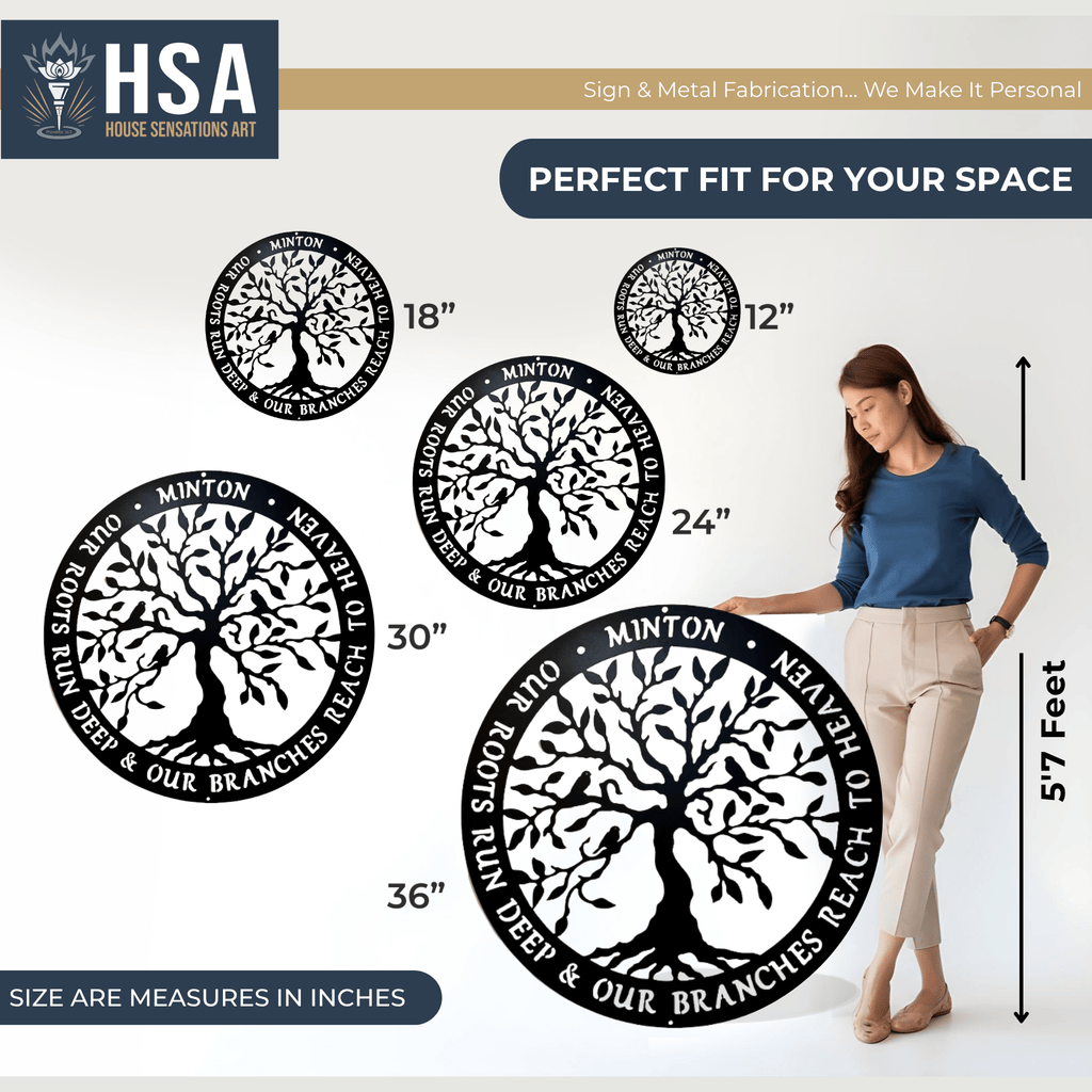 Tree wall art by House Sensations Art displayed with size options 12", 18", 24", 30", and 36", shown with a woman for scale to highlight dimensions, design details, and durable metal craftsmanship.