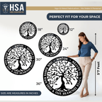 Tree wall art by House Sensations Art displayed with size options 12", 18", 24", 30", and 36", shown with a woman for scale to highlight dimensions, design details, and durable metal craftsmanship.