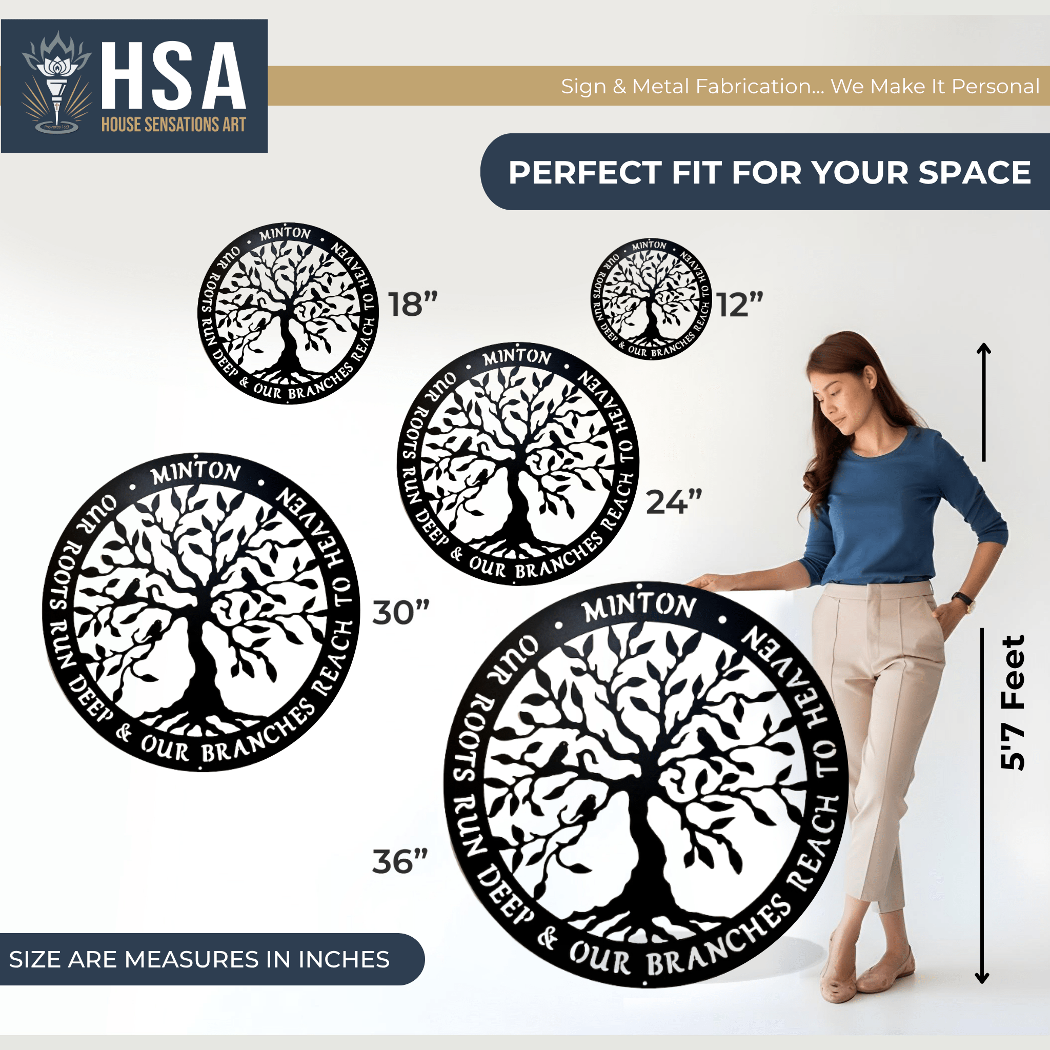 Tree wall art by House Sensations Art displayed with size options 12", 18", 24", 30", and 36", shown with a woman for scale to highlight dimensions, design details, and durable metal craftsmanship.