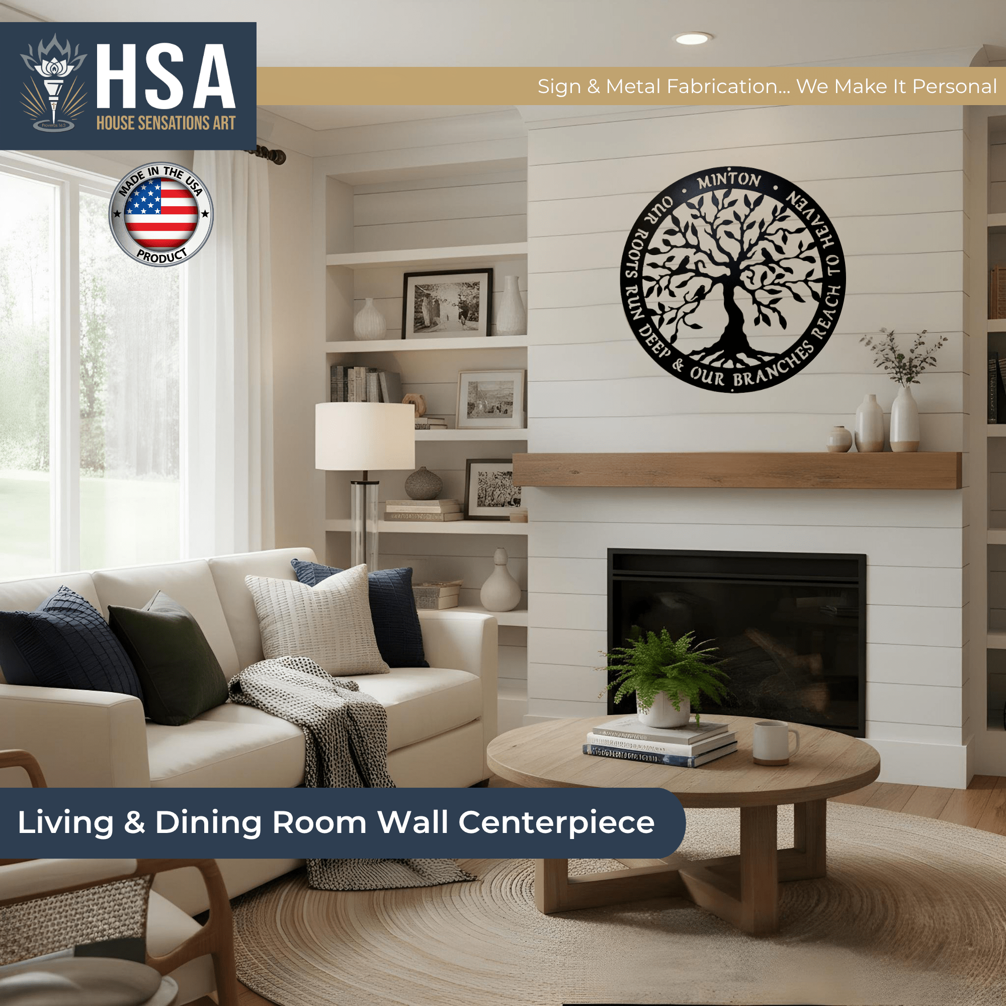 Living room featuring a wall-mounted metal tree sculpture with “HSA” branding, adding a rustic and stylish focal point to the space.