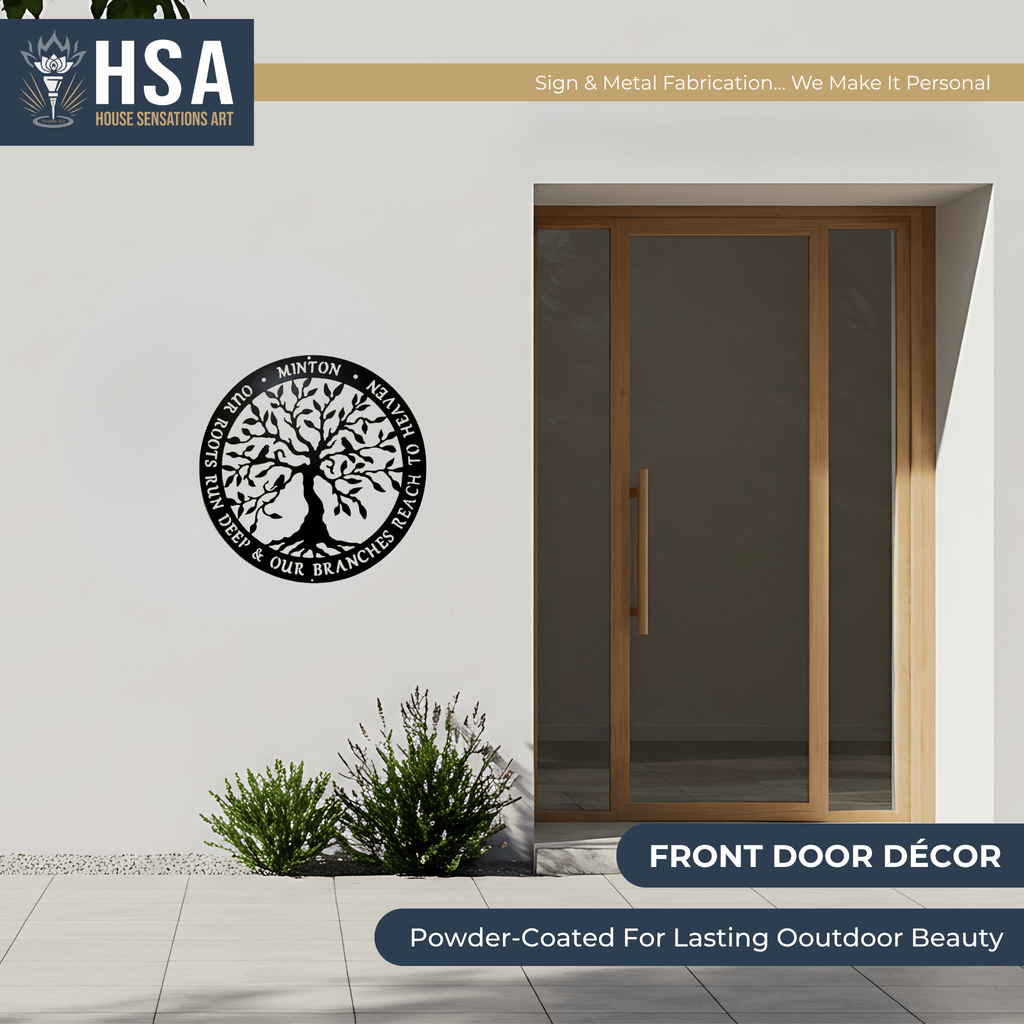 Decorative metal wall art mounted on a house exterior, featuring “HSA” branding, showcasing durable craftsmanship and stylish outdoor décor.