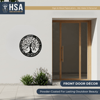 Decorative metal wall art mounted on a house exterior, featuring “HSA” branding, showcasing durable craftsmanship and stylish outdoor décor.