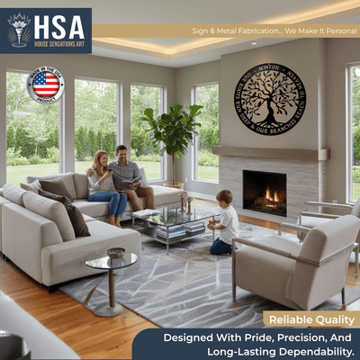Living room with a family gathered, featuring a fireplace, large windows, and an “HSA” logo displayed on the wall, creating a warm, inviting, and branded home environment.