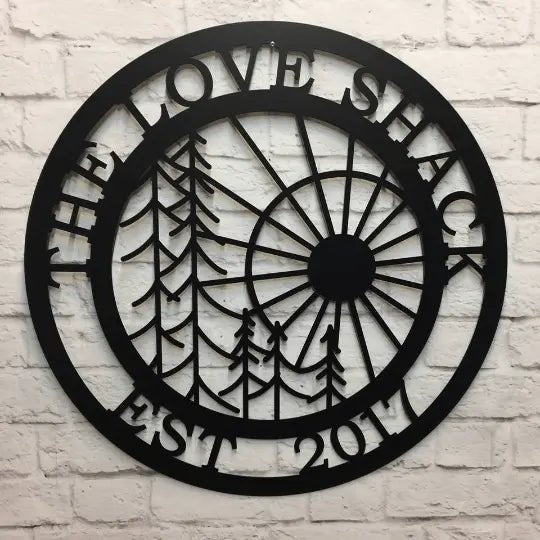 Tree and sun personalized family sign – modern monogram metal wall art for front door or housewarming