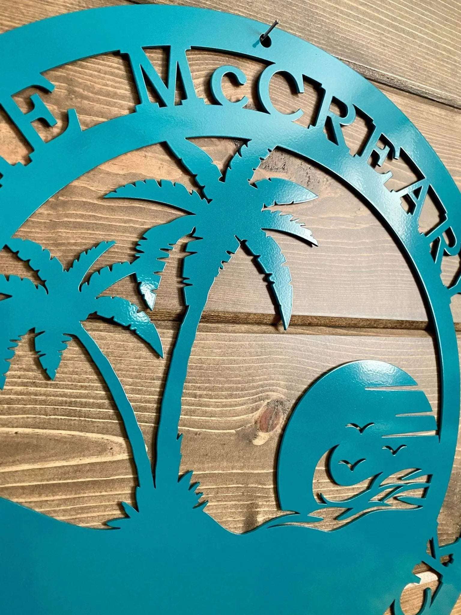 Custom beach sunset wall sign with bold silhouette design personalized decor for tropical vibes