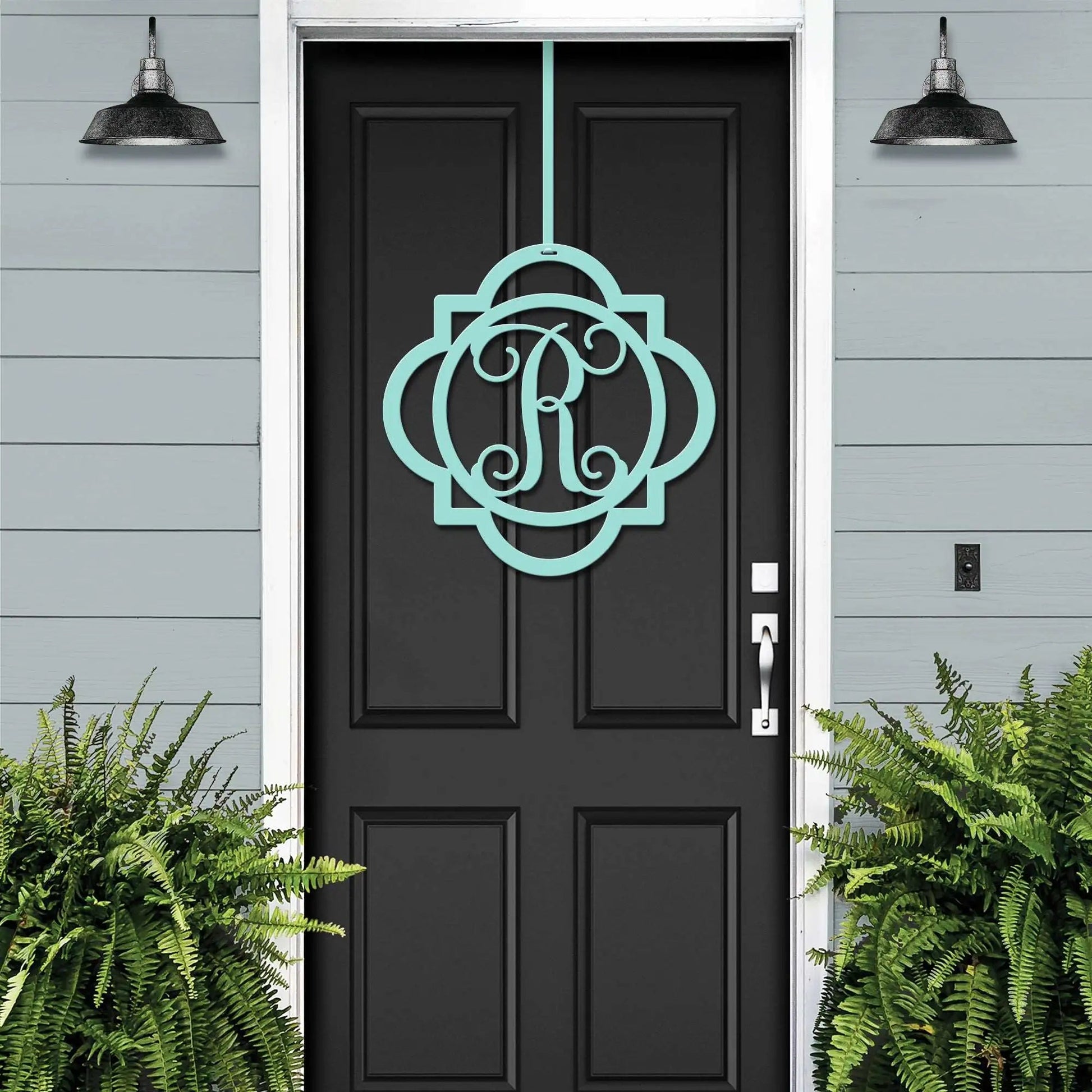 Turquoise "R" monogram wreath for front door – vibrant metal initial door hanger with farmhouse charm.