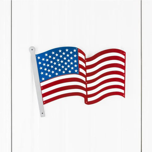 Stylized U.S. flag with waving effect, blue field with white stars on left, red and white stripes on right.