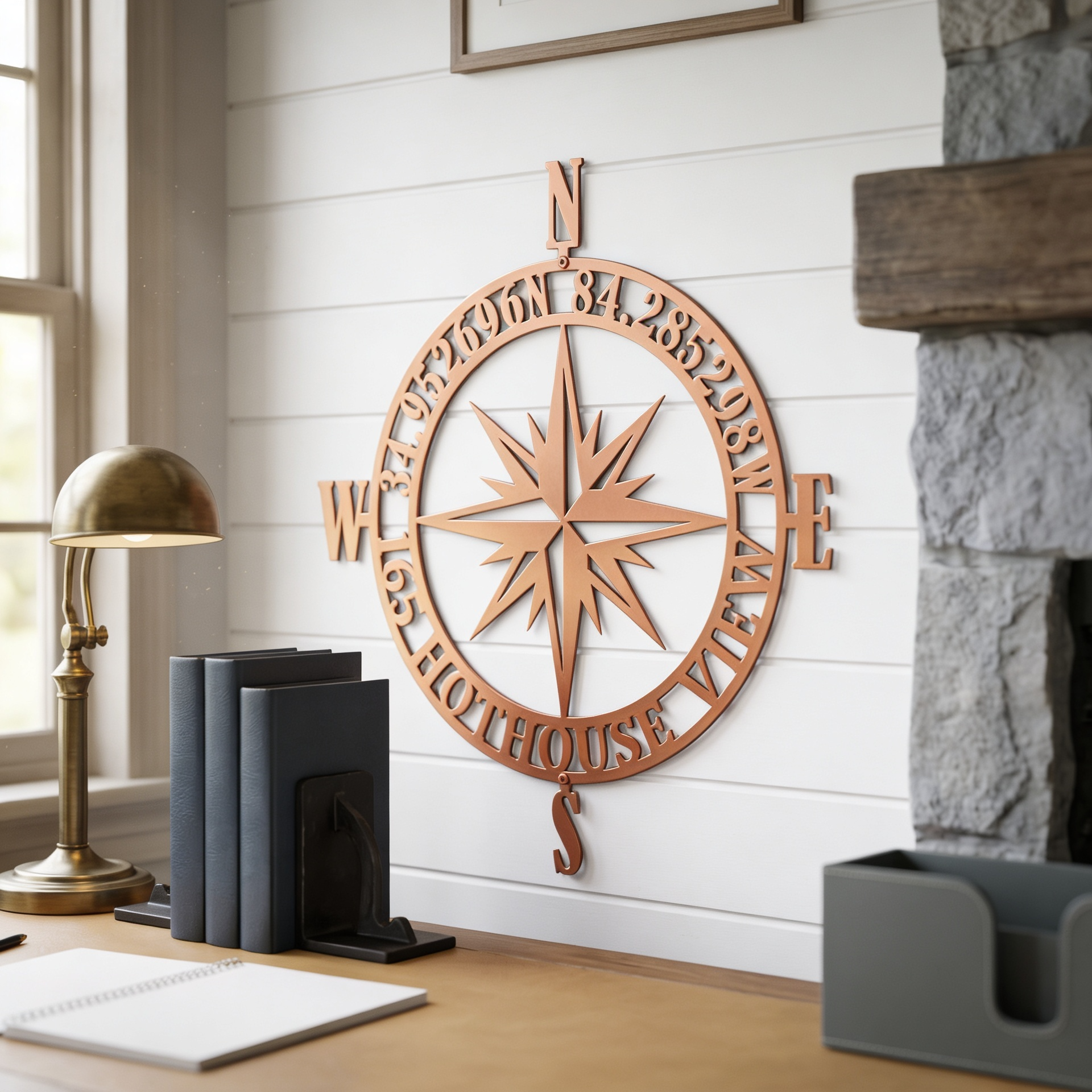 Rustic Copper Custom Home Coordinates Compass Metal Art displayed on a white shiplap interior wall next to a fireplace.