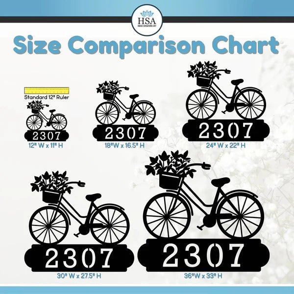 Size comparison chart of bicycle-shaped house number signs with labeled dimensions, custom metal outdoor address plaques, decorative home exterior signage
